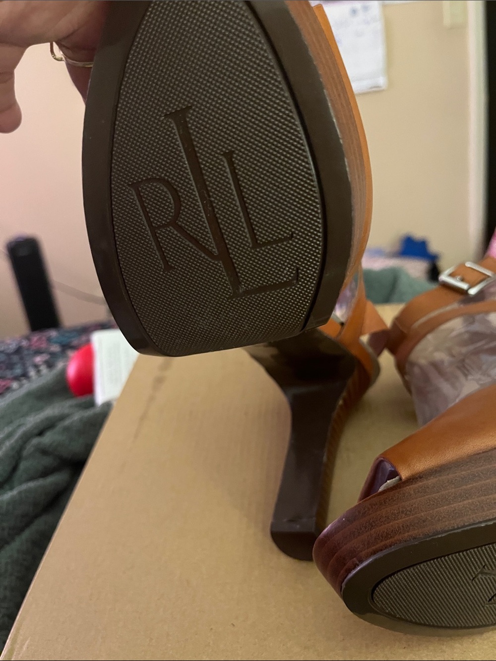 Ralph Lauren Tan Leather Strappy Platform Heels - Picture 3 of 5
